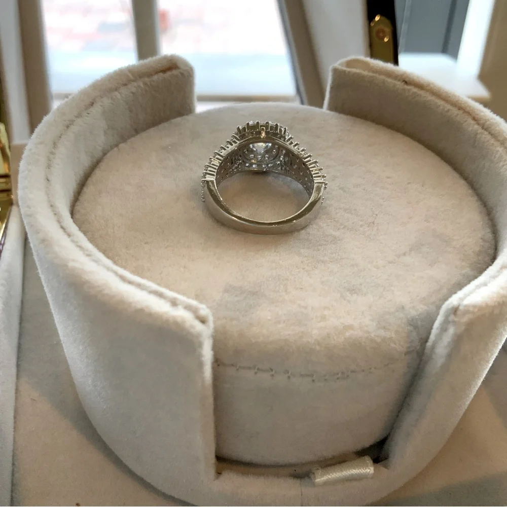 Ring Dome Shape CZ With Double Halo 925 Silver CZ Band Size 6